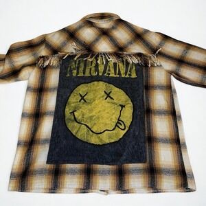 Nirvana Upcycled Flannel Shirt Unisex‎ Brown Tan Plaid Grunge Reworked Indie